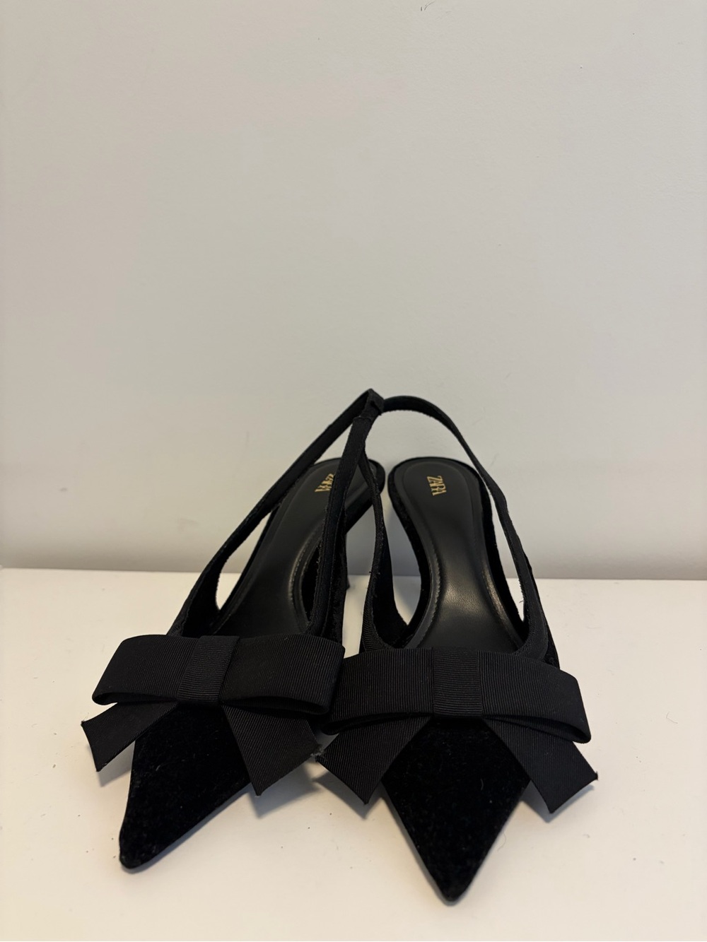 Zara Black Bow Pointed-Toe Slingback Kitten Heels
